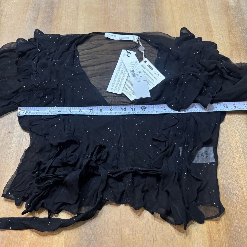 IRO Paris Lonila Ruffled Glitter-Embellished Georgette Blouse Medium Sz 36 Black - Picture 6 of 16
